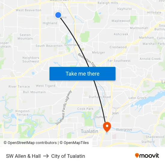 SW Allen & Hall to City of Tualatin map