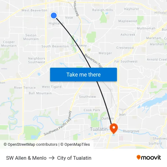 SW Allen & Menlo to City of Tualatin map