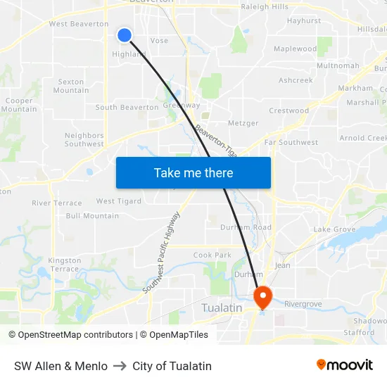 SW Allen & Menlo to City of Tualatin map