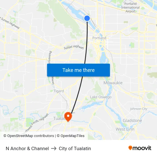 N Anchor & Channel to City of Tualatin map