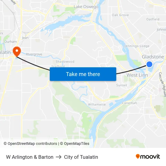 W Arlington & Barton to City of Tualatin map