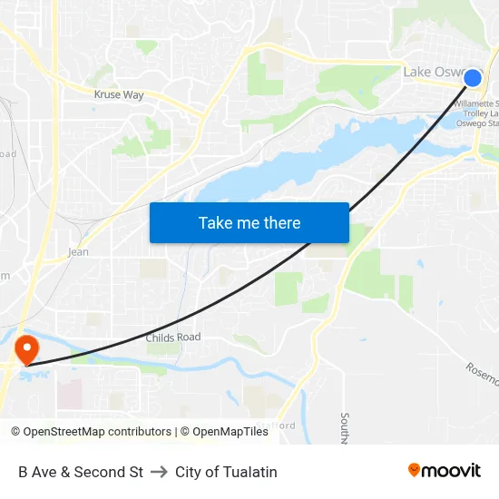 B Ave & Second St to City of Tualatin map