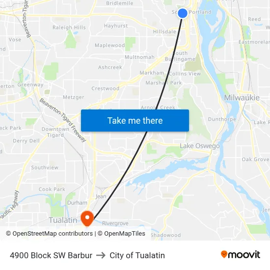 4900 Block SW Barbur to City of Tualatin map