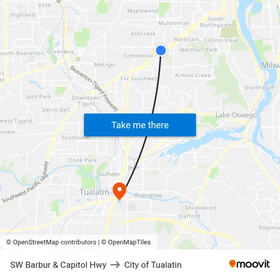SW Barbur & Capitol Hwy to City of Tualatin map