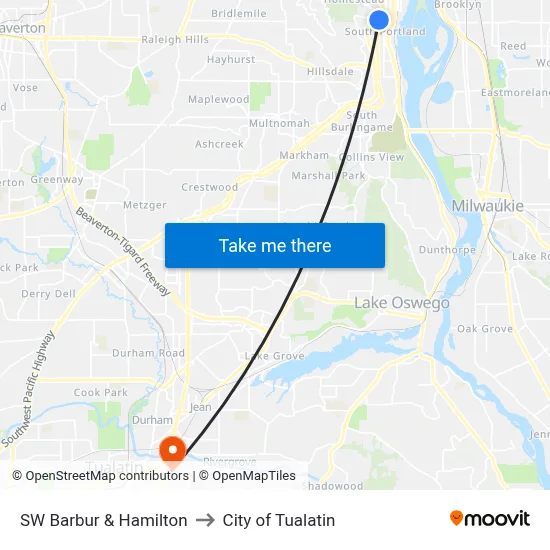SW Barbur & Hamilton to City of Tualatin map