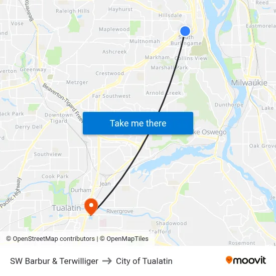 SW Barbur & Terwilliger to City of Tualatin map