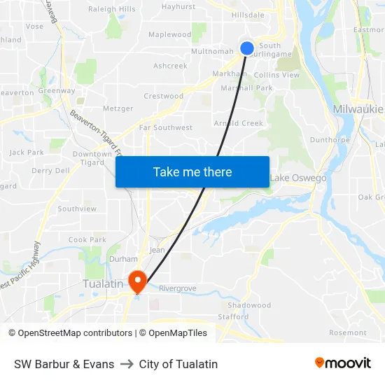 SW Barbur & Evans to City of Tualatin map