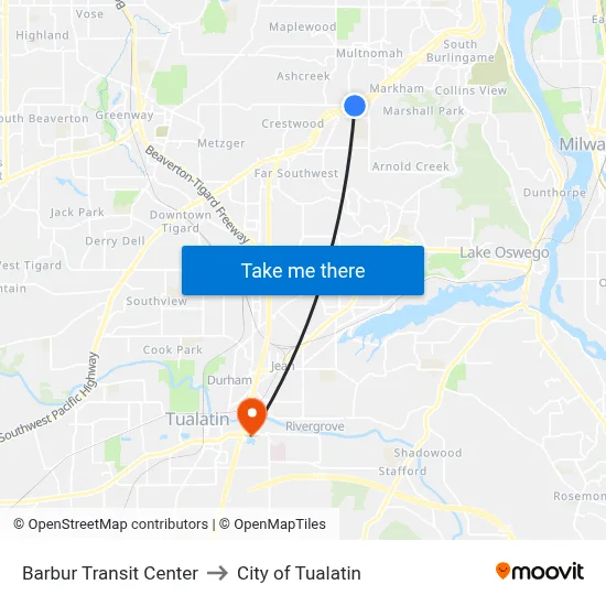 Barbur Transit Center to City of Tualatin map