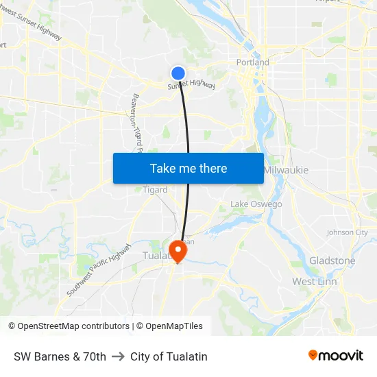 SW Barnes & 70th to City of Tualatin map