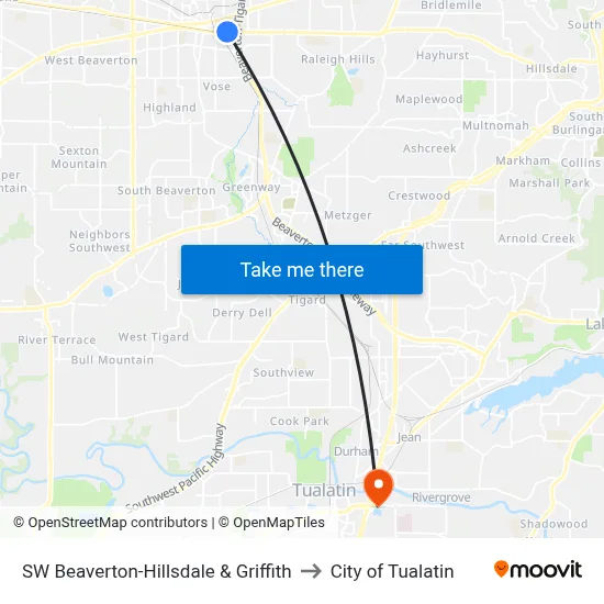 SW Beaverton-Hillsdale & Griffith to City of Tualatin map