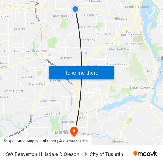 SW Beaverton-Hillsdale & Oleson to City of Tualatin map