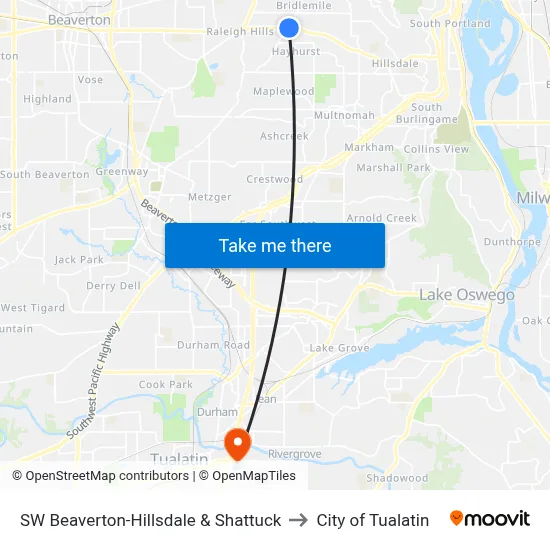 SW Beaverton-Hillsdale & Shattuck to City of Tualatin map