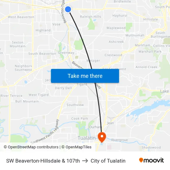 SW Beaverton-Hillsdale & 107th to City of Tualatin map