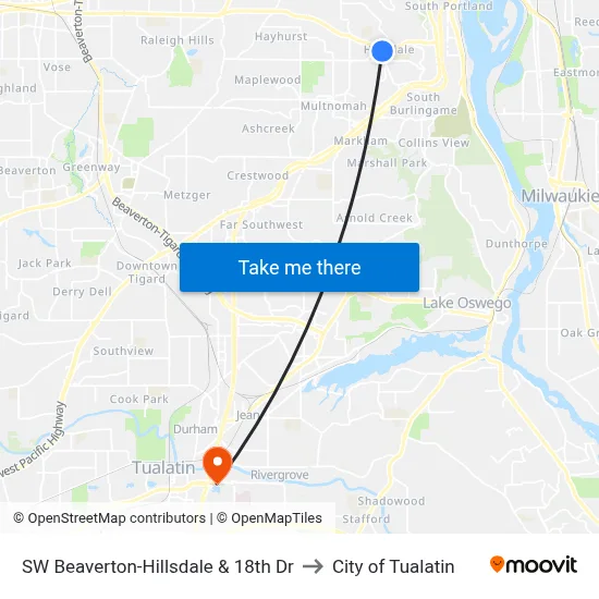 SW Beaverton-Hillsdale & 18th Dr to City of Tualatin map