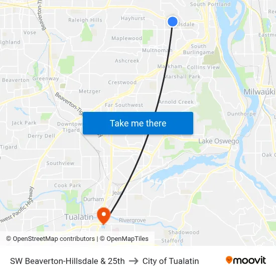 SW Beaverton-Hillsdale & 25th to City of Tualatin map