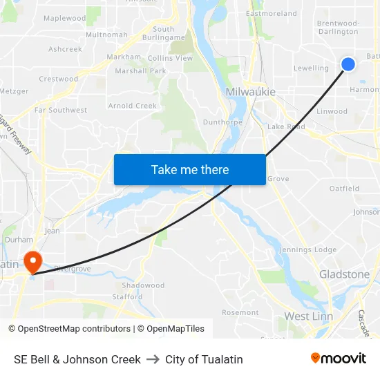 SE Bell & Johnson Creek to City of Tualatin map