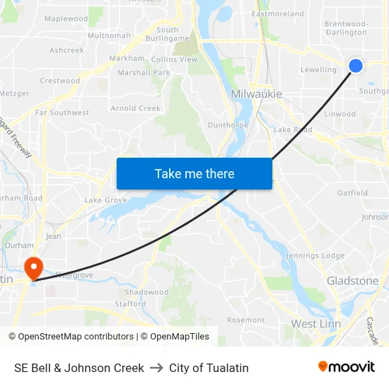 SE Bell & Johnson Creek to City of Tualatin map