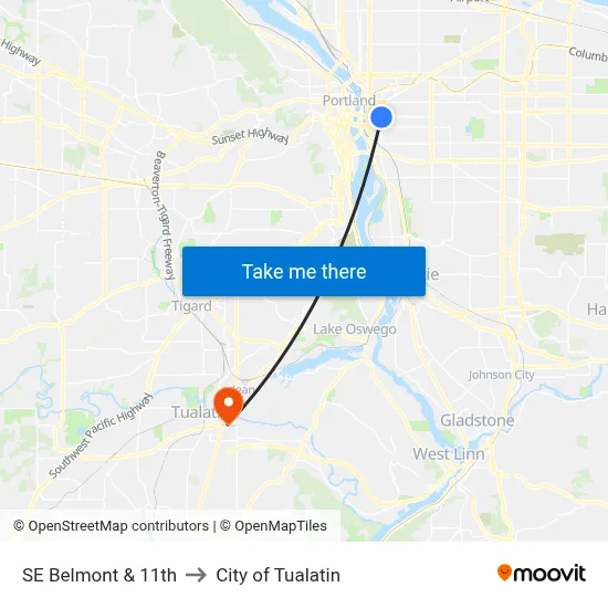 SE Belmont & 11th to City of Tualatin map