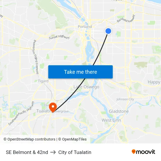 SE Belmont & 42nd to City of Tualatin map