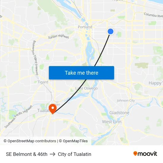 SE Belmont & 46th to City of Tualatin map