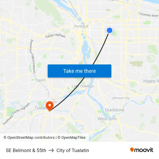 SE Belmont & 55th to City of Tualatin map