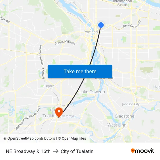 NE Broadway & 16th to City of Tualatin map
