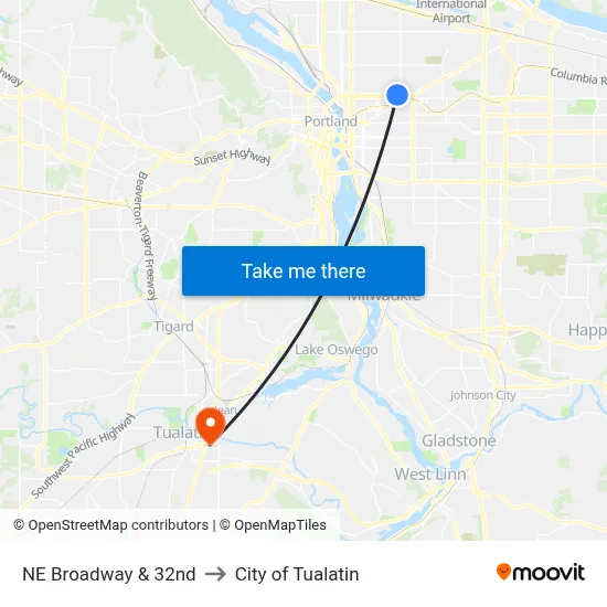 NE Broadway & 32nd to City of Tualatin map