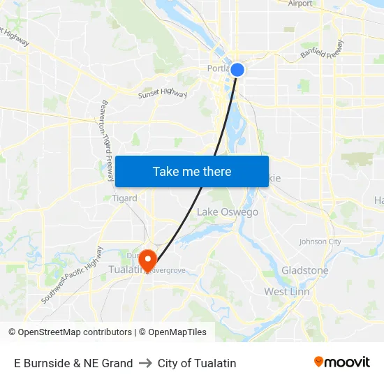 E Burnside & NE Grand to City of Tualatin map