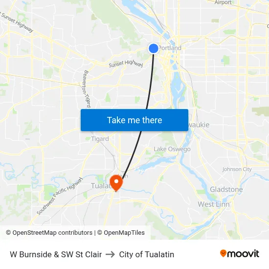 W Burnside & SW St Clair to City of Tualatin map