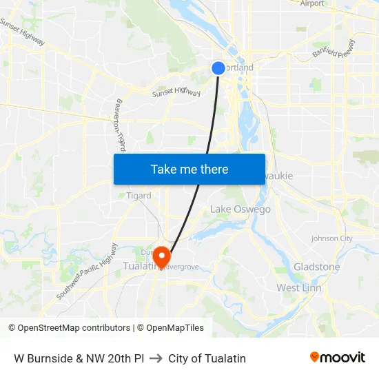 W Burnside & NW 20th Pl to City of Tualatin map