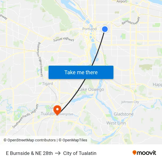 E Burnside & NE 28th to City of Tualatin map