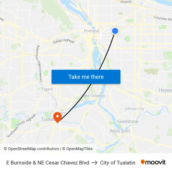 E Burnside & NE Cesar Chavez Blvd to City of Tualatin map