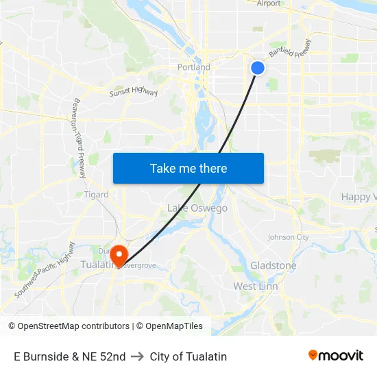 E Burnside & NE 52nd to City of Tualatin map