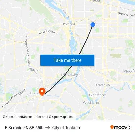 E Burnside & SE 55th to City of Tualatin map