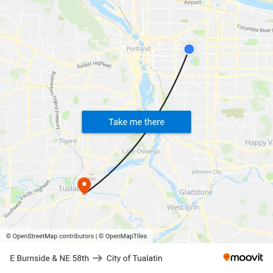 E Burnside & NE 58th to City of Tualatin map