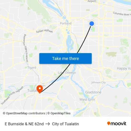E Burnside & NE 62nd to City of Tualatin map