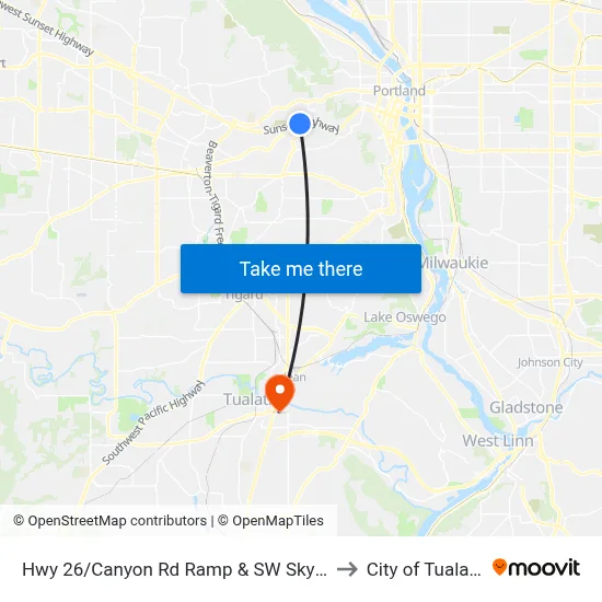 Hwy 26/Canyon Rd Ramp & SW Skyline to City of Tualatin map