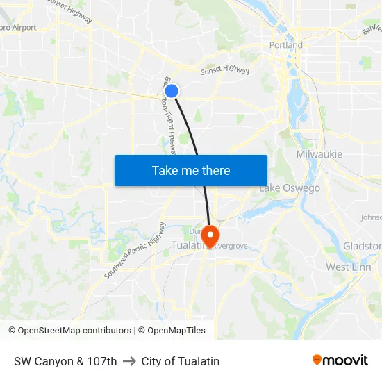 SW Canyon & 107th to City of Tualatin map