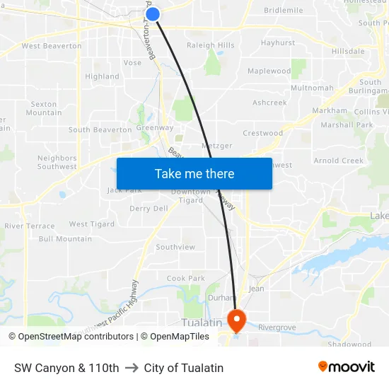 SW Canyon & 110th to City of Tualatin map