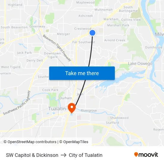 SW Capitol & Dickinson to City of Tualatin map