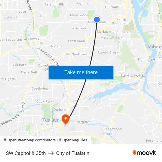 SW Capitol & 35th to City of Tualatin map