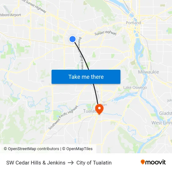 SW Cedar Hills & Jenkins to City of Tualatin map