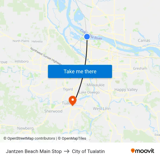 Jantzen Beach Main Stop to City of Tualatin map