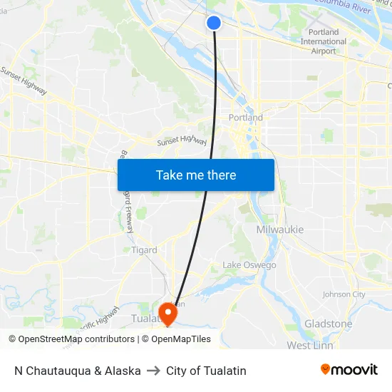 N Chautauqua & Alaska to City of Tualatin map