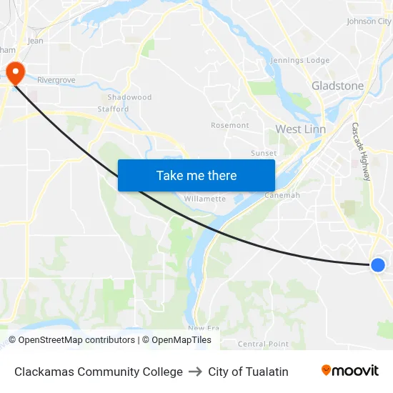 Clackamas Community College to City of Tualatin map