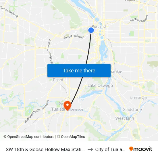 SW 18th & Goose Hollow Max Station to City of Tualatin map