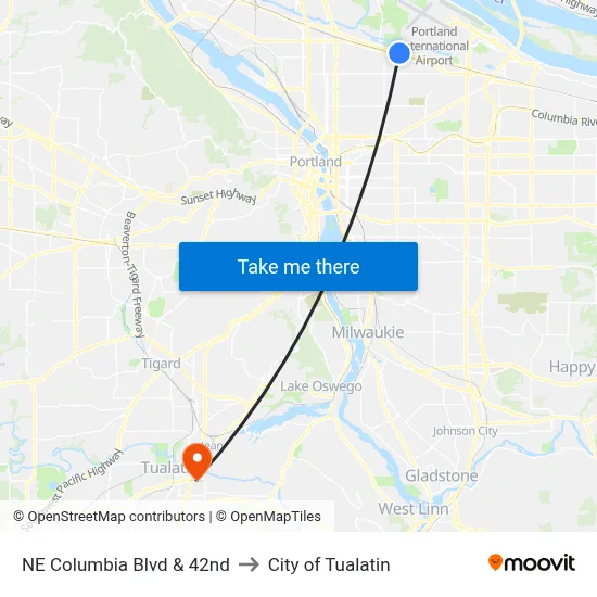 NE Columbia Blvd & 42nd to City of Tualatin map