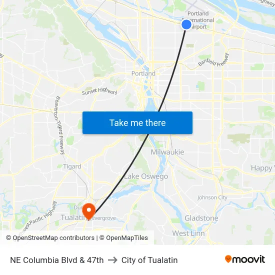 NE Columbia Blvd & 47th to City of Tualatin map
