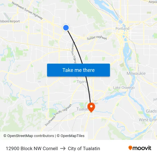 12900 Block NW Cornell to City of Tualatin map