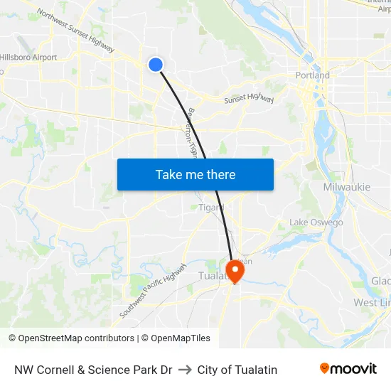 NW Cornell & Science Park Dr to City of Tualatin map